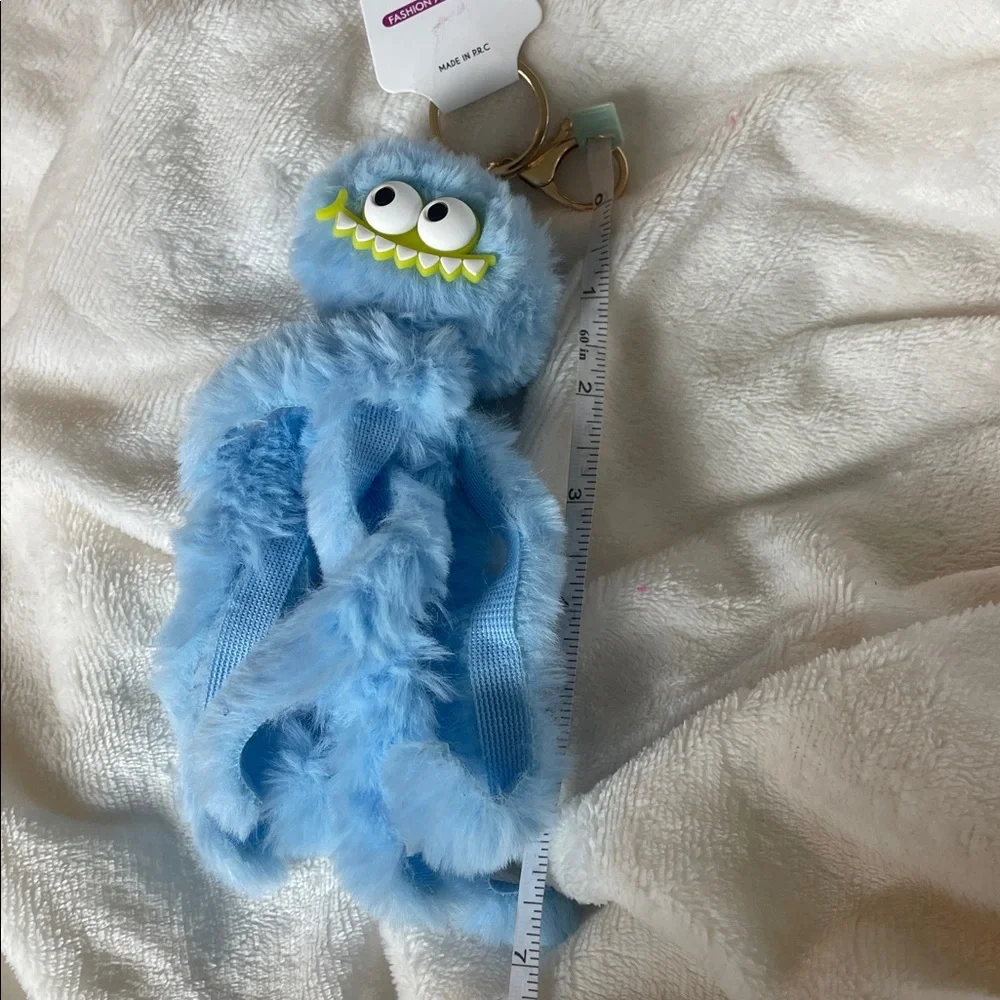 Blue Furry Monster plush octopus keychain purse charm key ring and claw clip NWT